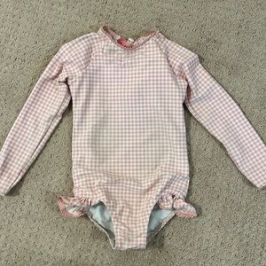 Minnow girls pink crinkle gingham rashguard one piece swimsuit 3T/4T
